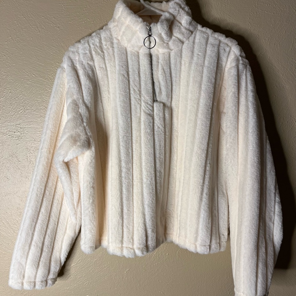 Candie's Cream Faux Fur Jacket. Half zip pull over jacket.